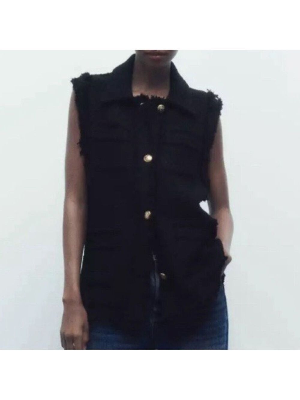 ZARA Gilet Waistcoat sleeveless blazer textured vest with frayed trims black Lge